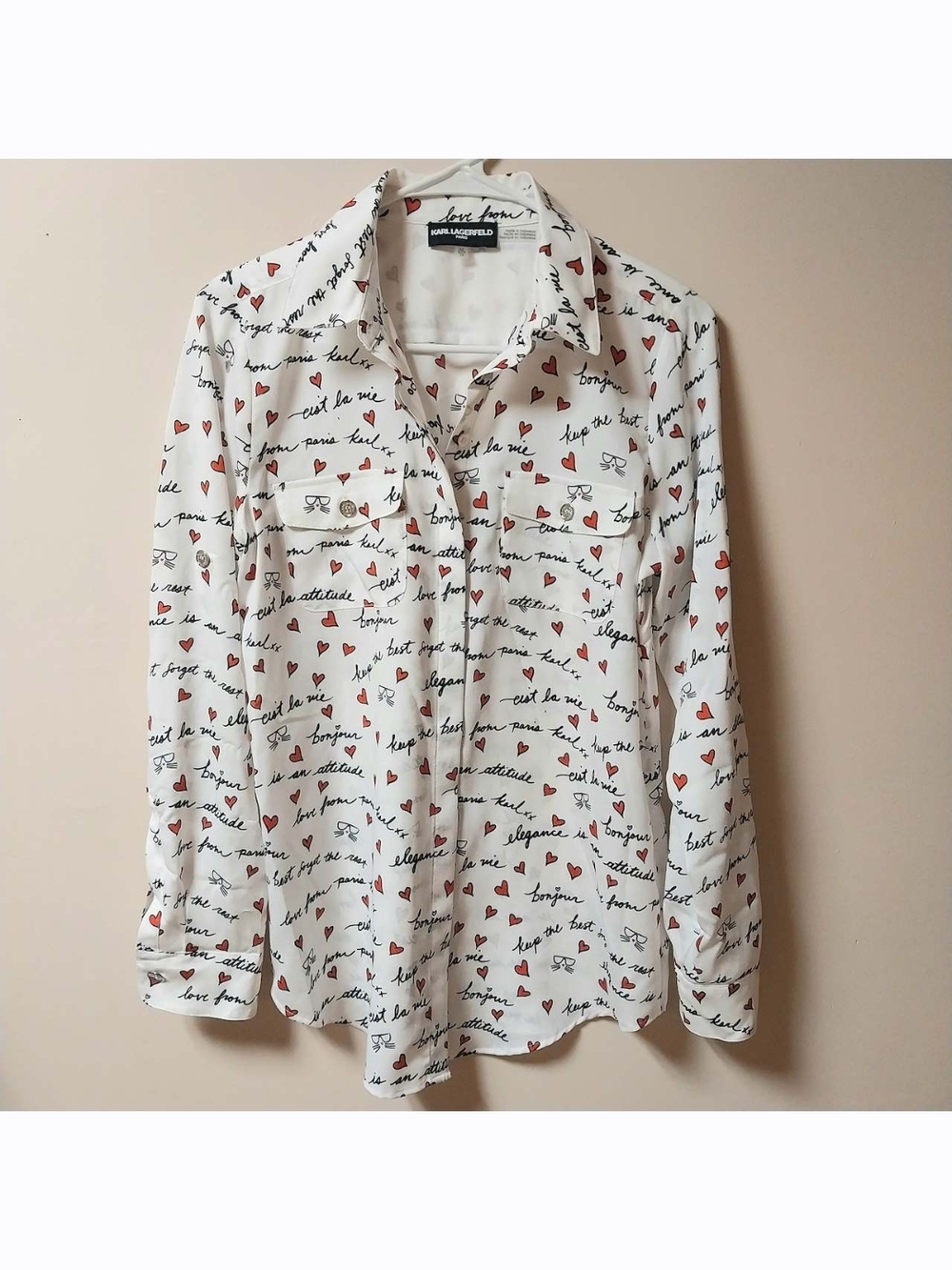 Karl Lagerfeld White Blouse with Red Heart & Black Script